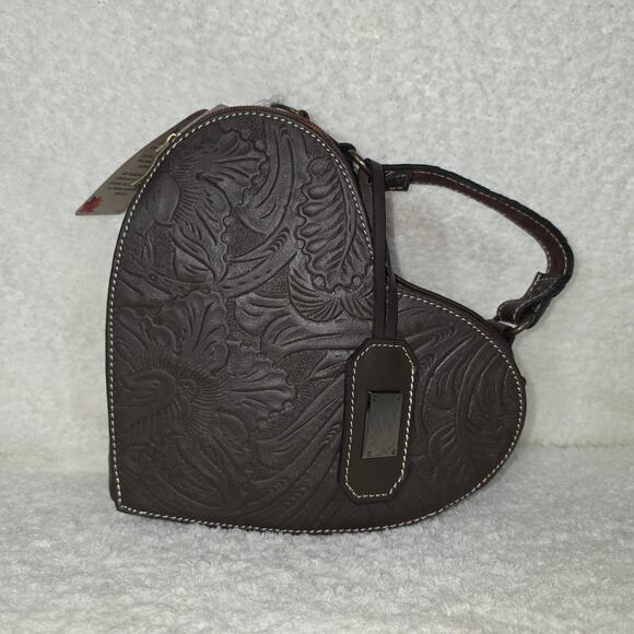 MEXICANA Handbags - Handcrafted Mexican Tooled Brown Leather Heart-Shaped Crossbody Bag